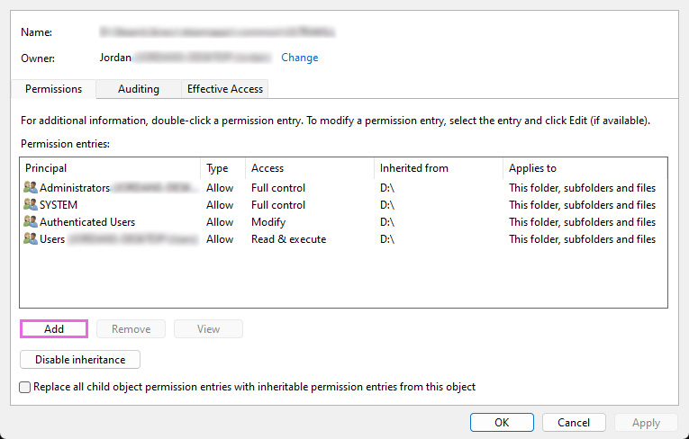 Highlight Add button on Advanced Security Settings Window