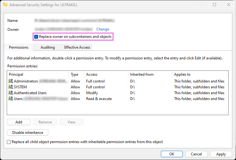 Highlight of Replace Owner on Subcontainers Tick Box in Advanced Security Settings Window