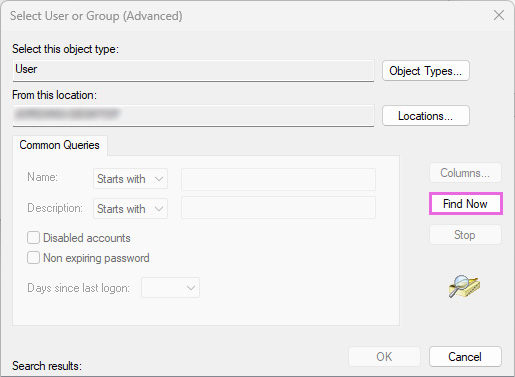 Highlight of Find Now button in Select Users and Groups Advanced Window