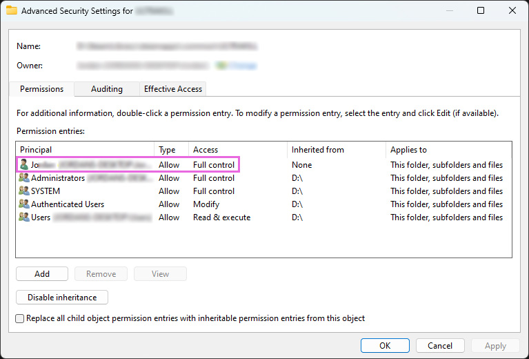 Highlight of User Being Added in the Advanced Security Settings Window