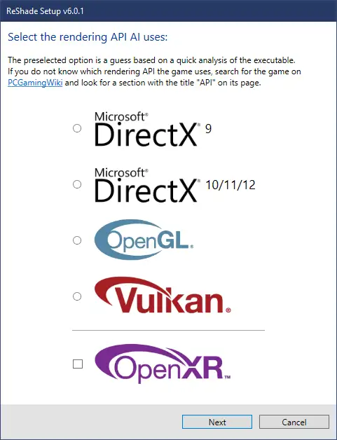 ReShade Rendering API Selection