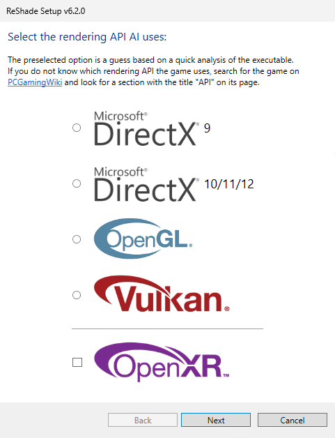 ReShade Rendering API Selection